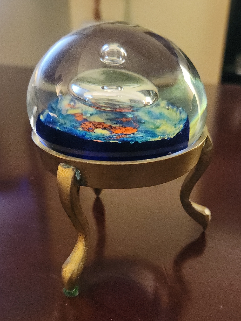 Handcrafted Blue Glass Dome Shaped  Paperweight With Vintage Golden Brass Stand